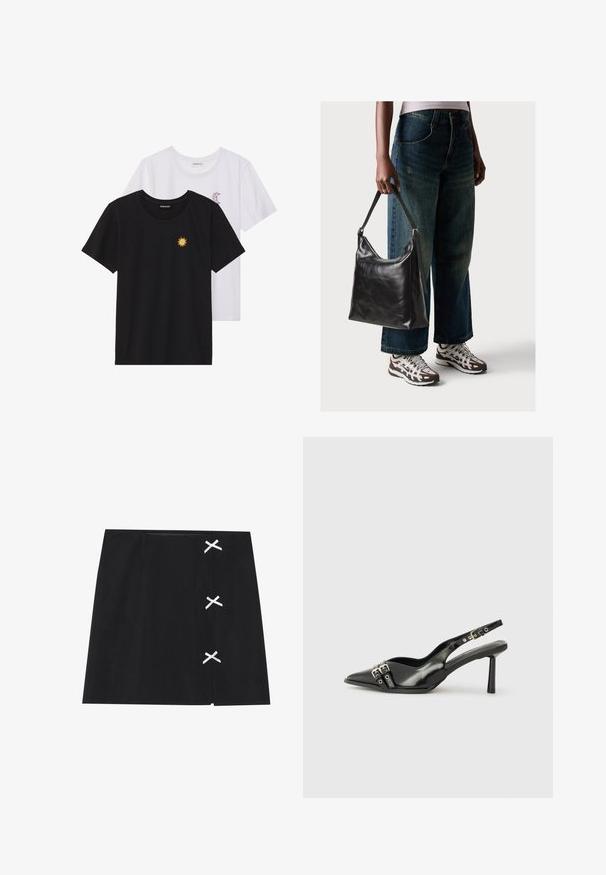 Mustvalged ja valged T-särgid, ümar kaelus, lühikesed varrukad. Must särgile on tikitud kollane päike; valgel särgil on lillakate poolkuu aktsent.; Musthave mustreid mustill, misel on sujuv tekstuur, millel on vasakul küljel valged ristatud ribad. Lihtne disain sirge lõikega.; Must musta nahk kingad sanga ja terava ninaga, ankle strapidega, millel on hõbedased pandlad ja riistvara ning õhuke konts.; Must musta õlakott, millel on sile tekstuur ja reguleeritav rihm, koos pleekinud laia jalgadega teksade ja sportlike tossudega.