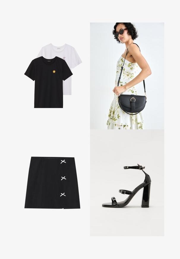 Černé a bílé trička, kulatý výstřih, krátké rukávy. Černé tričko má žlutou výšivku slunce; bílé má fialový akcent měsíce v podobě půlměsíce.; Černá mini sukně s hladkou texturou, se bílými kříženými stužkami na levé straně. Jednoduchý design s rovnými liniemi.; Černé lakované sandály na podpatku se čtveratou špičkou, lýtkovými pásky a stříbrnými přezkami. Disponují masivním blokovým podpatkem pro stabilitu.; Černá kožená kabelka s křivkovým tvarem, odnímatelným popruhem a zlatými detaily. Kabelka má klopu s přezkou.