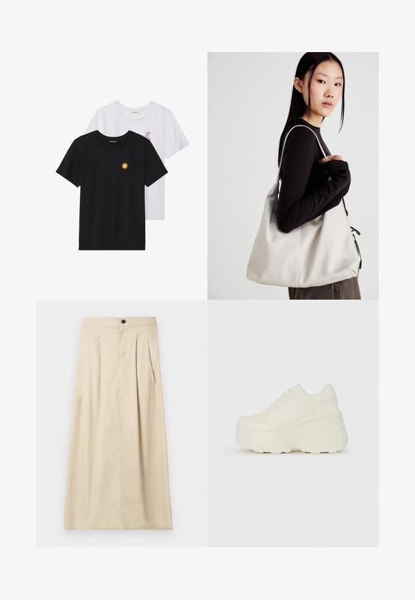 Juodi ir balti marškinėliai, apvaliu kaklu, trumpomis rankovėmis. Juodi marškiniai su geltonu saulės siuvinėjimu; baltieji turi purpurinę pusmėnulio akcentą.; Smėlio spalvos midi sijonas, pagamintas iš medvilnės mišinio, su priekinių raukšlių, mygtukų uždarymu ir tiesiogine siluetu. Lygus paviršius, be raštų.; Baltos platformos sportbačiai su lygiu odos primenančiu paviršiumi, apvalia forma, paminkštintu apykakle ir tekstūruotu guminiu padu su ryškiais protektoriais.; Bežinė rankinė, pagaminta iš minkštos medžiagos, turinti laisvą dizainą, siuvinėtas detalės ir dvi petnešos. Tinkama kasdieniam naudojimui.