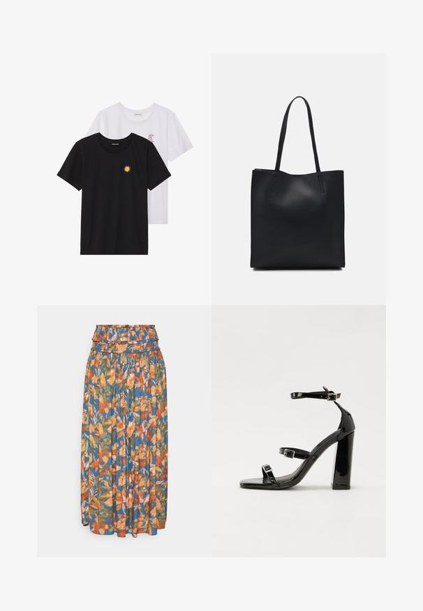 Schwarz-weiße T-Shirts, Rundhals, kurze Ärmel. Das schwarze Shirt hat eine gelbe Sonnenstickerei; das weiße eine lila Halbmond-Akzent.; Blumen-Maxi-Rock mit gerafft Bund, der lebendige orange, grün und blaue Muster zeigt. Leichter Stoff mit plissierter Textur.; Schwarze patentierte Sandalen mit Absatz, quadratischer Spitze, Knöchelriemen und silbernen Schnallen. Mit einem stabilen Blockabsatz für mehr Stabilität.; Schwarze Laptoptasche aus Leder mit glatter Textur, rechteckiger Form und zwei langen Griffen. Keine sichtbaren Beschläge oder Verzierungen.