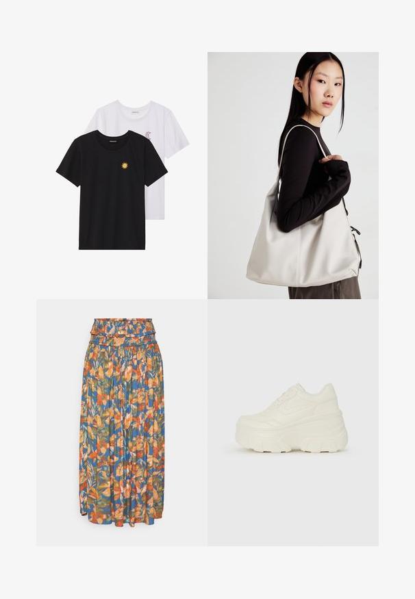Schwarz-weiße T-Shirts, Rundhals, kurze Ärmel. Das schwarze Shirt hat eine gelbe Sonnenstickerei; das weiße eine lila Halbmond-Akzent.; Blumen-Maxi-Rock mit gerafft Bund, der lebendige orange, grün und blaue Muster zeigt. Leichter Stoff mit plissierter Textur.; Weiße Platform Sneakers mit einem glatten, lederähnlichen Obermaterial, abgerundeter Form, gepolstertem Kragen und strukturierten Gummisohlen mit ausgeprägten Stollen.; Beige Handtasche aus weichem Material, mit einem lässigen Design, gesteppten Details und zwei Schulterriemen. Geeignet für den täglichen Gebrauch.