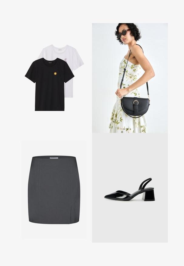 T-shirts noir et blanc, col rond, manches courtes. Le t-shirt noir présente une broderie de soleil jaune ; le t-shirt blanc a un accent de croissant de lune violet.; Envii SPLIT - Jupe crayon - grey; Escarpins en cuir verni noir avec bout pointu et talon bloc géométrique. Présente un design élégant et minimaliste ainsi qu'une texture lisse.; Sac à main en cuir noir avec une forme courbée, bandoulière amovible et des accessoires en or. Le sac est doté d'un rabat avec un détail de boucle.