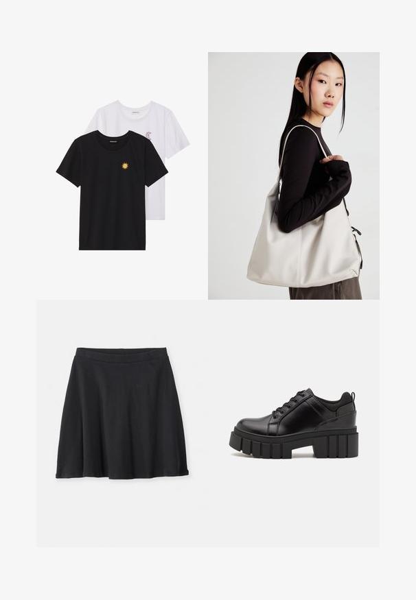 Camisetas en blanco y negro, de cuello redondo y mangas cortas. La camiseta negra presenta un bordado de sol amarillo; la blanca tiene un detalle de luna creciente en púrpura.; Falda negra de longitud a la rodilla, en línea A, con una cinturilla ajustada, hecha de tela acanalada, mostrada sobre un fondo blanco liso.; Zapatos de plataforma de cuero negro con un tacón cuadrado grueso, punta redonda y diseño tradicional de cordones. Presenta una textura suave y un detalle minimalista.; Bolso de mano beige hecho de material suave, con un diseño holgado, detalles cosidos y dos asas. Adecuado para uso diario.