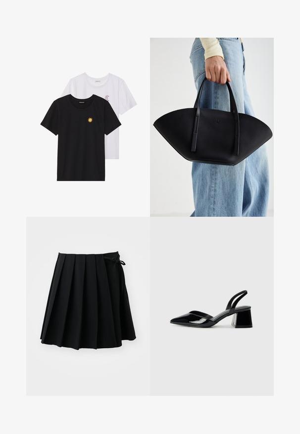Tricouri alb-negru, cu gât rotund, mâneci scurte. Cămășile negre au broderie cu soare galben; cele albe au un accent cu lună crescută violet.; Fustă plisată neagră, realizată dintr-un material moale, cu un detaliu la talie legat. Designul oferă o formă evazată cu o lungime deasupra genunchilor.; Pantofi cu toc slingback din piele lacuită neagră, cu vârf ascuțit și toc geometric. Prezintă un design elegant, minimalist și o textură netedă.; Geantă de piele neagră cu o formă unică de evantai, având mânere plate. Suprafața are o textură cu mici granule și un design minimalist.