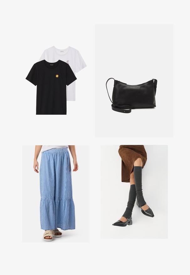 T-shirts noir et blanc, col rond, manches courtes. Le t-shirt noir présente une broderie de soleil jaune ; le t-shirt blanc a un accent de croissant de lune violet.; Jupe maxi rayée bleue et blanche avec un taille élastique, des volants froncés, et un tissu léger. Associée avec des sandales duveteuses.; Chaussures à bout pointu en cuir verni noir avec un talon bloc et une bride à la cheville, accompagnées de jambières en maille grise et d'une jupe en daim marron.; Sac à épaule en cuir noir avec une texture lisse, une forme courbée, une bandoulière ajustable et une fermeture éclair. Design minimaliste sans embellissements.