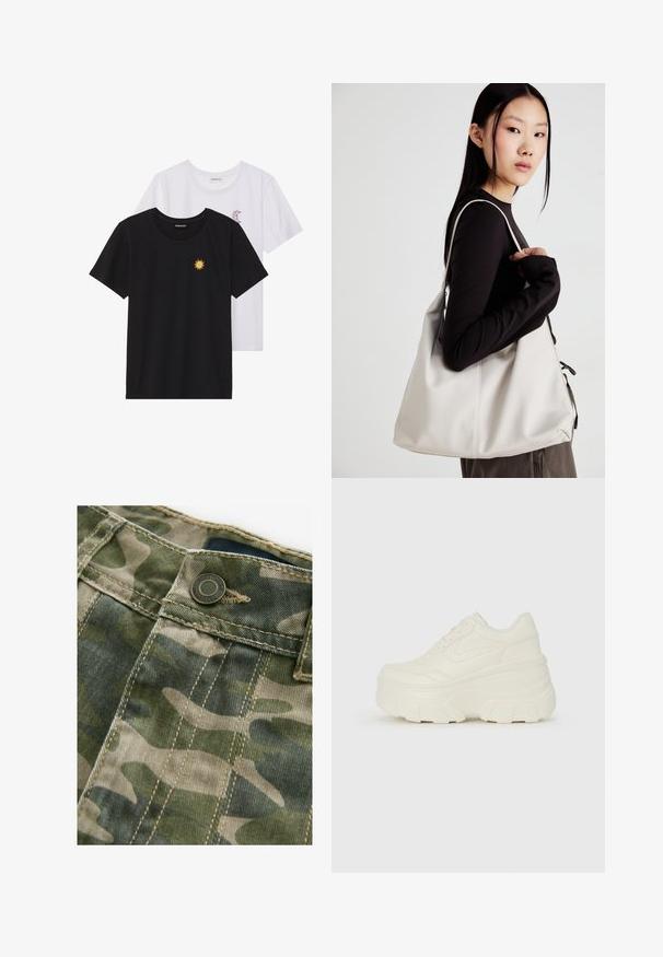 Camisetas en blanco y negro, de cuello redondo y mangas cortas. La camiseta negra presenta un bordado de sol amarillo; la blanca tiene un detalle de luna creciente en púrpura.; Tela con un patrón de camuflaje en tonos verdes y beige con costuras visibles. Presenta un botón de metal en la cintura, textura de mezclilla.; Zapatillas de plataforma blancas con un upper suave similar al cuero, forma redondeada, cuello acolchado y suela de goma texturizada con surcos definidos.; Bolso de mano beige hecho de material suave, con un diseño holgado, detalles cosidos y dos asas. Adecuado para uso diario.