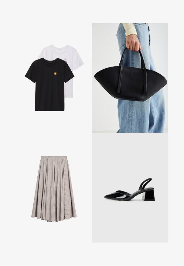 Schwarz-weiße T-Shirts, Rundhals, kurze Ärmel. Das schwarze Shirt hat eine gelbe Sonnenstickerei; das weiße eine lila Halbmond-Akzent.; Hellgrauer Midi-Rock aus strukturiertem Stoff mit vertikalen Falten, versehen mit einem taillierten Bund und einer schwingenden A-Linien-Form.; Schwarze Lackleder-Slingback-High Heels mit spitzem Schuh und einem geometrischen Blockabsatz. Verfügt über ein schlankes, minimalistisches Design und eine glatte Textur.; Schwarze Lederhandtasche mit einzigartiger Fächerform, ausgestattet mit flachen Griffen. Die Oberfläche hat eine genoppte Textur und ein minimalistisches Design.