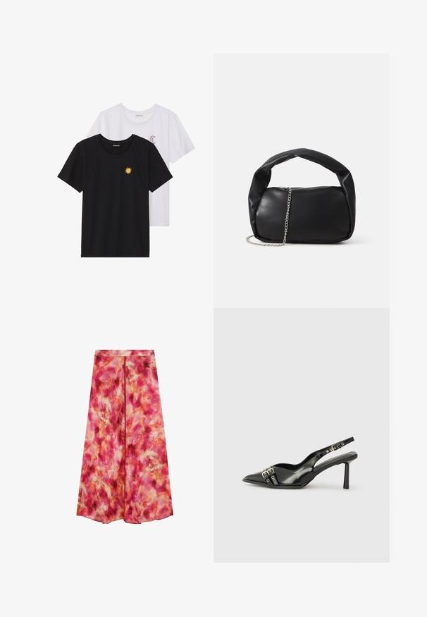 Musta ja valkoinen T-paita, pyöreä kaula-aukko, lyhyet hihat. Mustassa paidassa on keltainen auringon brodeeraus; valkoisessa on violetti puolikuu-aksentti.; Pitkä hame säihkessä vaaleanpunaisessa, jossa on abstrakti, vesiväriä muistuttava kuvio. Valmistettu kevyestä kankaasta. Ominaisuuksiin kuuluu suora leikkaus ja piilotettu vyötärö.; Musta patenttinen nahkainen slingback-kengät, joissa on terävä nenä, nilkkahihnat hopeisilla soljilla ja varusteilla sekä hoikka korko.; Mustapahkalaukku, jossa on pyöreä muoto, paksu kahva ja hopeinen ketjuhihna. Sileä pinta, jossa on hieno kiilto.; Kultahipuinen korvakoru, jossa on sulavalinjainen, kaareva muotoilu. Ominaisuuksiin kuuluu erottuva terävä muoto, kiillotettu pinta ja sarana kiinnitys.