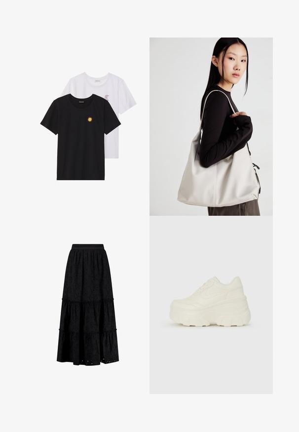 Čierne a biele tričká, okrúhly výstrih, krátke rukávy. Čierne tričko má žltú výšivku slnka; biele má fialový mesiac ako akcent.; Shiwi GIGI EMBRODERIE - Maxisukňa - broderie black; Biele platformové tenisky s hladkým koženkovým svrchným materiálom, zaobleným tvarom, polstrovaným golierom a textúrovanou gumovou podrážkou s výrazným vzorom.; Béžová kabelka vyrobená z mäkkého materiálu, s uvoľneným dizajnom, prišitými detailmi a dvoma popruhmi na nosenie na pleciach. Vhodná na každodenné nosenie.