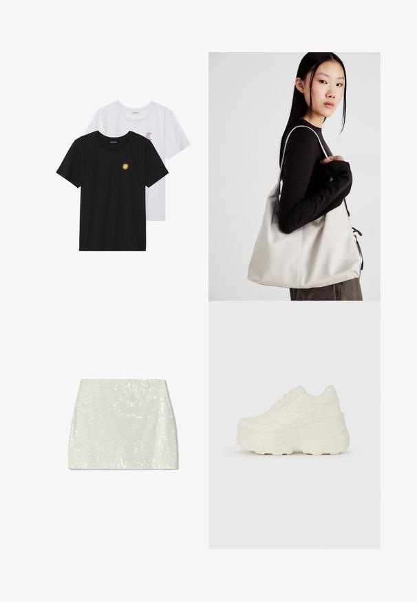 Zwart-witte T-shirts, ronde hals, korte mouwen. Het zwarte shirt heeft gele zon-geborduurde details; het witte shirt heeft een purperen halve maan accent.; Bershka A-lijn rok - white; Witte platform sneakers met een gladde leren bovenkant, afgeronde vorm, gewatteerde kraag en een gestructureerde rubberen zool met duidelijke profiel.; Beige handtas gemaakt van zacht materiaal, met een slonzig ontwerp, gestikte details en twee schouderbanden. Geschikt voor dagelijks gebruik.