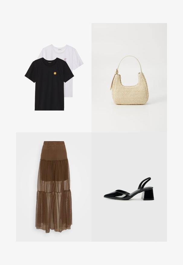 Black and white T-shirts, round neck, short sleeves. Black shirt features yellow sun embroidery; white has purple crescent moon accent.; Brown layered skirt with a textured mesh overlay and elastic waistband. Features three tiers of sheer fabric, providing a flowing silhouette.; Black patent leather slingback heels with a pointed toe and a geometric block heel. Features a sleek, minimal design and smooth texture.; Woven straw handbag in beige with a curved shape, a short handle, and a side zipper. Features textured surface and minimalistic design.