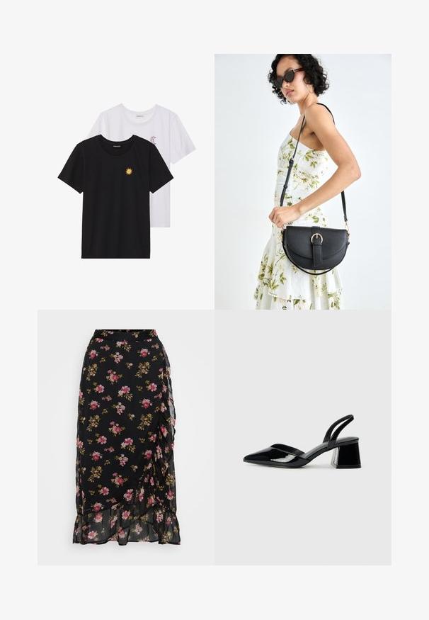 Czarne i białe t-shirty, okrągłe dekolty, krótkie rękawy. Czarna koszulka ma żółte haftowane słońce, a biała posiada fioletowy akcent w kształcie półksiężyca.; Czarna spódnica w kwiaty z różowymi i zielonymi wzorami, w rozkloszowanym fasonie z falbaną u dołu. Wykonana z lekkiego, półprzezroczystego materiału.; Czarne lakierowane półbuty na obcasie z wydłużonym noskiem i geometrycznym słupkiem. Charakteryzują się eleganckim, minimalistycznym designem oraz gładką fakturą.; Czarna skórzana torebka o zakrzywionym kształcie, z odpinanym paskiem i złotymi akcentami. Torebka posiada klapę z zapięciem w kształcie klamry.