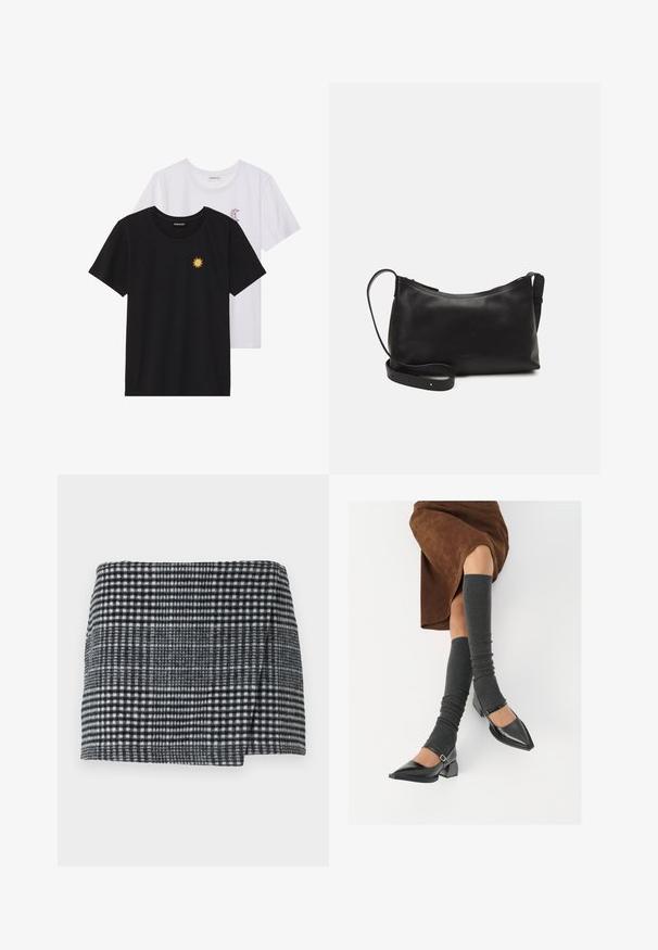 T-shirt in bianco e nero, girocollo, maniche corte. La maglietta nera presenta un ricamo di sole giallo; quella bianca ha un accento di luna crescente viola.; Gonna mini in lana con un motivo a scacchi bianco e nero, taglio dritto con orlo leggermente asimmetrico e tessuto testurizzato.; Scarpe nere in pelle verniciata con punta affilata, tacco a blocco e cinturino alla caviglia, abbinate a scaldamuscoli grigi a coste e una gonna in suede marrone.; Borsa a spalla in pelle nera con una texture liscia, forma curva, tracolla regolabile e chiusura con zip. Design minimalista senza ornamenti.