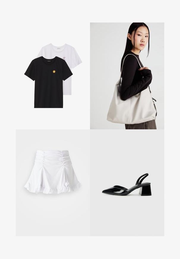 Black and white T-shirts, round neck, short sleeves. Black shirt features yellow sun embroidery; white has purple crescent moon accent.; White skirt made of textured fabric with ruched detailing and ruffled hem. Features a flared design with a fitted waist.; Black patent leather slingback heels with a pointed toe and a geometric block heel. Features a sleek, minimal design and smooth texture.; Beige handbag made of soft material, featuring a slouchy design, stitched detailing, and two shoulder straps. Suitable for everyday use.
