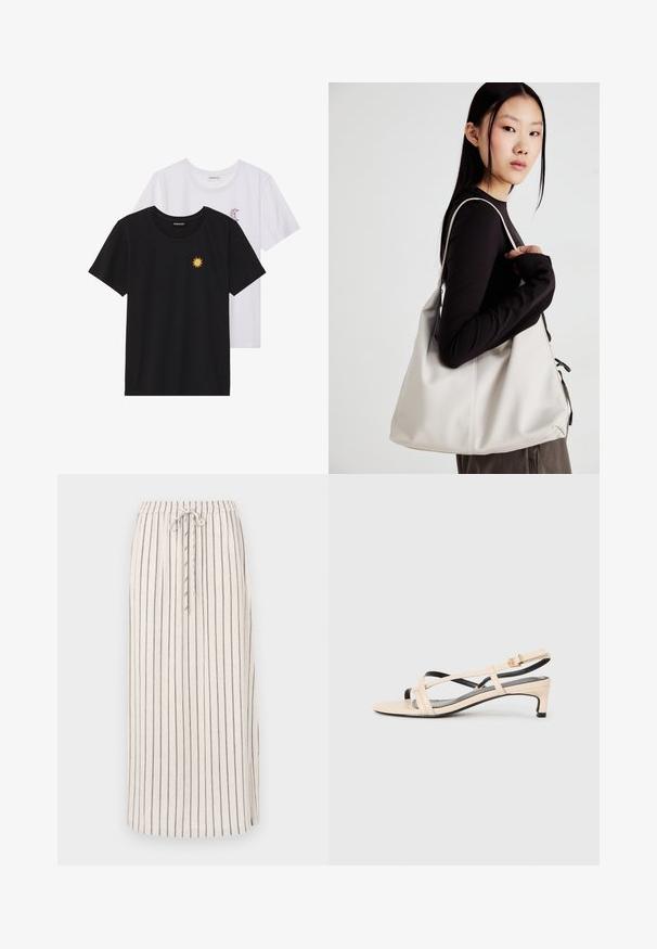Black and white T-shirts, round neck, short sleeves. Black shirt features yellow sun embroidery; white has purple crescent moon accent.; Light beige linen skirt with vertical dark stripes, elastic waistband, and drawstring. Features a side slit at the hem for ease of movement.; Beige leather slingback sandal with crisscross straps, low heel, and black accents. Smooth texture and minimalistic design.; Beige handbag made of soft material, featuring a slouchy design, stitched detailing, and two shoulder straps. Suitable for everyday use.