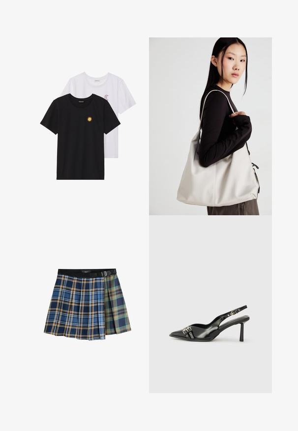 Zwart-witte T-shirts, ronde hals, korte mouwen. Het zwarte shirt heeft gele zon-geborduurde details; het witte shirt heeft een purperen halve maan accent.; Plissé mini skirt met tweekleurig ruitpatroon in blauw, oranje, groen en marineblauw, met een zwarte tailleband en gesp.; Zwarte gepolijste leren slingback schoenen met een puntige neus, enkelbandjes met zilveren gespen en hardware, en een slanke hak.; Beige handtas gemaakt van zacht materiaal, met een slonzig ontwerp, gestikte details en twee schouderbanden. Geschikt voor dagelijks gebruik.