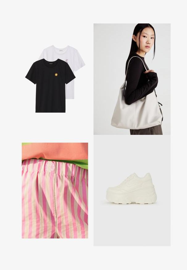 Melnbaltie t-krekli, ar apaļu kaklu, īsām piedurknēm. Melnais krekls ar dzeltenu saules izšuvumu; baltais ar purpursarkanu mēness akcentu.; Rozā un krēmkrāsas svītraini auduma šorti ar elastīgu jostasvīgu. Jostasvīgā ir izšuvums ar logo detaļu. Gluda tekstūra.; Baltie platformas sporta apavi, kas izgatavoti no gludas mākslīgās ādas, ar noapaļotu formu, mīkstu apkakli un teksturētu gumijas zoli ar izteiktiem rakstiem.; Bežs rokassoma, izgatavota no mīksta materiāla, ar brīvu dizainu, izšūtu apdari un divām plecu siksnām. Piemērota ikdienas lietošanai.