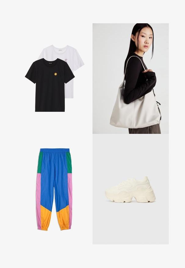 Sort og hvid T-shirt, rund hals, korte ærmer. Den sorte skjorte har gult solbroderi; den hvide har lilla halvmåne-accent.; Farverige løbebukser med paneler i blå, grøn, pink og orange. Lavet af letvægtsstof med elastisk talje og manchetter.; Chunky hvide sneakers lavet af tekstureret mesh og syntetiske materialer, med en tyk sål og intrikate mønsterdetaljer langs siderne.; Beige håndtaske lavet af blødt materiale med et slouchy design, stikninger og to skulderremme. Velegnet til daglig brug.