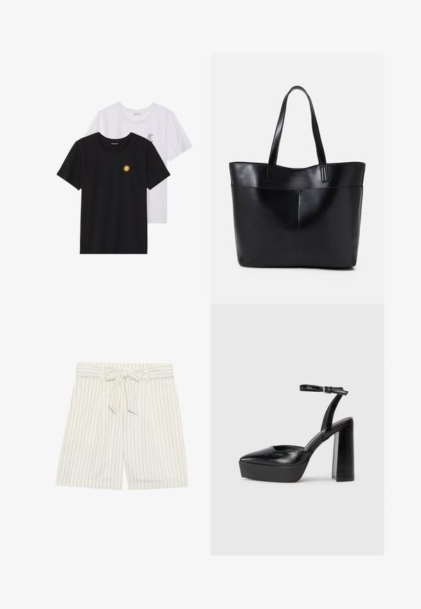 Juodi ir balti marškinėliai, apvaliu kaklu, trumpomis rankovėmis. Juodi marškiniai su geltonu saulės siuvinėjimu; baltieji turi purpurinę pusmėnulio akcentą.; Balti dryžuoti šortai su dirželiu juosmenyje. Audinys turi siauras tamsias linijas, o dizainą papildo klostės, suteikiančios papildomą detalumą.; Juodi platforminiai aukšti kulniukai su smailiu kojų pirštu ir reguliuojamu kulkšnies dirželiu. Pagaminti iš lygaus odos, turi masyvų blokinį kulną.; Juoda odinė rankinė su dviem ilgais diržais, lygiu paviršiumi ir struktūrizuota forma. Yra priekinė kišenė papildomam saugojimui.