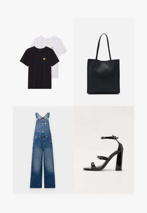 Črne in bele majice, okrogli vrat, kratki rokavi. Črna majica ima richelieu vezenje sonca v rumeni barvi; bela ima vijolični naglavni mesec.; Denim kombinezon s širokimi nogami, nastavljivimi trakovi, sprednjim žepom in gumbi na straneh. Temno modra z zbledelimi akcenti.; Črne lakaste sandale z visokimi petami, z dvema trakovoma z zaponkama, kvadratnim sprednjim delom in masivno širšo peto, z gladko, sijočo teksturo.; Črna usnjena torba s svilnato teksturo, pravokotne oblike in dvema dolgima ročajema. Brez vidnih metalnih delov ali okrasnih elementov.