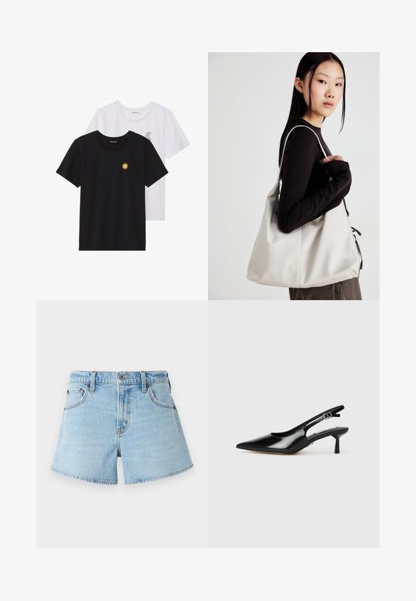 T-shirts noir et blanc, col rond, manches courtes. Le t-shirt noir présente une broderie de soleil jaune ; le t-shirt blanc a un accent de croissant de lune violet.; Shorts en denim bleu clair avec un design classique à cinq poches, des accents cousus et un ourlet effiloché. Dotés d'un bouton en métal et d'une fermeture éclair.; Escarpins à talons slingback en cuir verni noir avec un bout pointu, un talon fin et une sangle réglable. Texture lisse avec un détail minimal.; Sac à main beige en matériau souple, avec un design décontracté, des détails cousus et deux poignées. Idéal pour un usage quotidien.