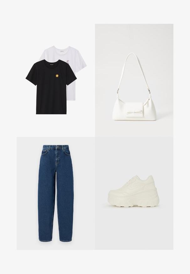 T-shirts preto e branco, de decote redondo e mangas curtas. A camisa preta apresenta um bordado de sol amarelo; a branca tem um detalhe de lua crescente roxa.; Calças de ganga azul-escura com cintura alta, corte largo, design de cinco bolsos e detalhes de costura em contraste. Fecho clássico com fecho zip e botão.; Tênis brancos de plataforma com um cabedal suave semelhante a couro, formato arredondado, colarinho acolchoado e sola de borracha texturizada com ranhuras bem definidas.; Mala sintética branca com formato triangular, aba frontal plana e detalhe de laço, alça ajustável, textura suave e design minimalista.
