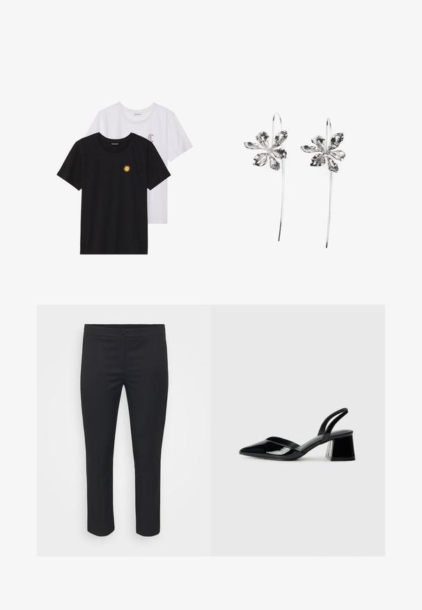 T-shirts preto e branco, de decote redondo e mangas curtas. A camisa preta apresenta um bordado de sol amarelo; a branca tem um detalhe de lua crescente roxa.; Calças pretas de corte ajustado com uma textura suave, cintura média e comprimento curto. Apresentam fecho frontal por botão e linhas limpas.; Sandy em verniz preto com salto slingback, ponta afilada e salto geométrico. Apresenta um design elegante e minimalista com textura suave.; Brincos em forma de flor prateados com um acabamento texturizado, apresentando ganchos longos e detalhes semelhantes a pétalas para um design intrincado.