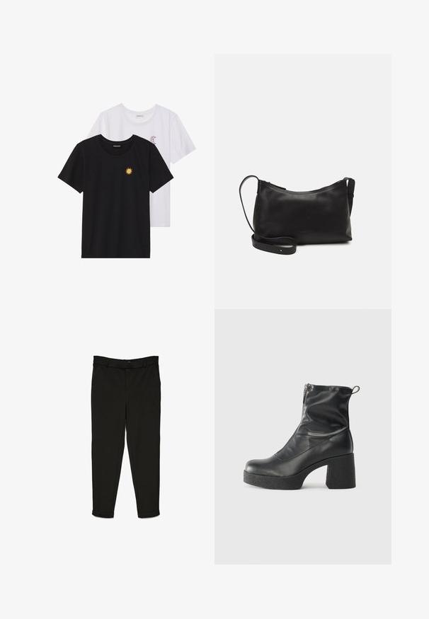 Black and white T-shirts, round neck, short sleeves. Black shirt features yellow sun embroidery; white has purple crescent moon accent.; Black trousers made of woven fabric, featuring a straight-cut design, flat front, and cuffs at the ankles for a streamlined look.; Black ankle boots made of smooth leather, featuring a side zipper, chunky textured heel, and rounded toe design.; Black leather shoulder bag with a smooth texture, curved shape, adjustable strap, and a zip closure. Minimalist design without embellishments.