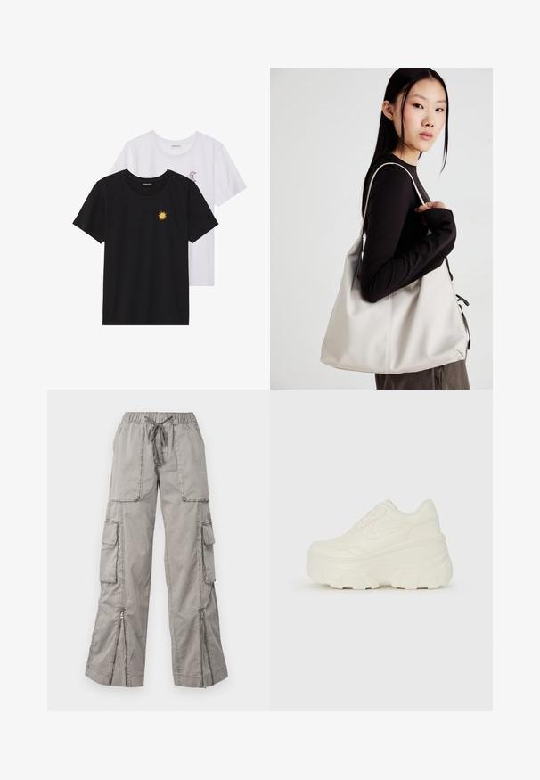 Sort og hvid T-shirt, rund hals, korte ærmer. Den sorte skjorte har gult solbroderi; den hvide har lilla halvmåne-accent.; Lys grå cargo bukser med elastisk talje, justerbart bånd, flere sidelommer og lynlåsåbninger i bunden. Lavet af blødt, letvægtsstof.; Hvide platform sneakers med en glat læderlignende overdel, rund form, polstret krave og struktureret gummisål med definerede riller.; Beige håndtaske lavet af blødt materiale med et slouchy design, stikninger og to skulderremme. Velegnet til daglig brug.