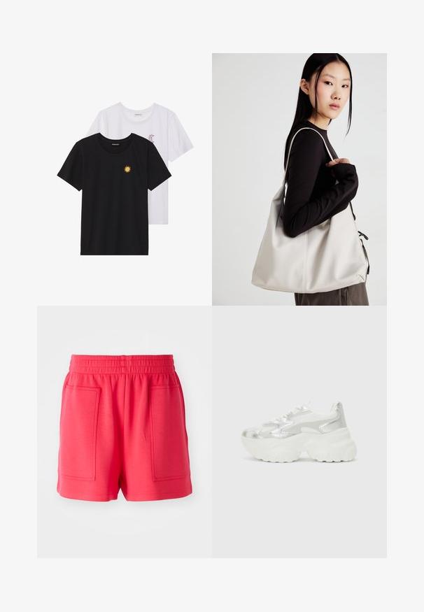 Crne i bijele majice, okrugli izrez, kratki rukavi. Crna majica ima žuti vez suncem; bijela majica ima ljubičasti naglasak u obliku polumjeseca.; Crvene atletske šortseve napravljene od laganog materijala, s elastičnom trakom za pojasom i dva velika prednja džepa. Glatka tekstura, dužina do koljena.; Srebrne tenisice s teksturiranim mrežastim gornjištem i iridescentnim akcentima, s debelim bijelim potplatom i vezanjem na vezice.; Bežna torba od mekog materijala s opuštenim dizajnom, šivanim detaljima i dva remena za rame. Pogodna za svakodnevnu upotrebu.