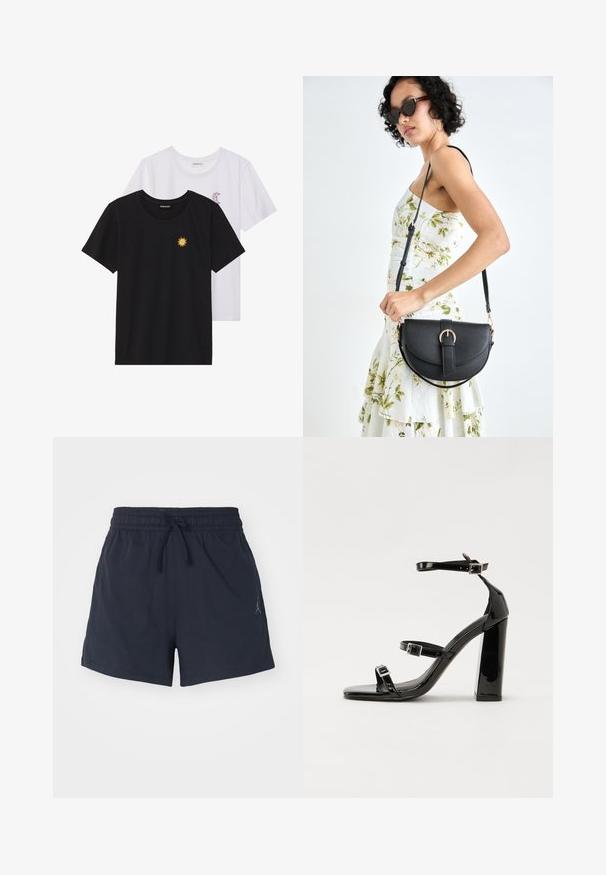 Juodi ir balti marškinėliai, apvaliu kaklu, trumpomis rankovėmis. Juodi marškiniai su geltonu saulės siuvinėjimu; baltieji turi purpurinę pusmėnulio akcentą.; Jūriniai sportiniai šortai, pagaminti iš drėgmę sugeriančios medžiagos, su elastinga juosta su raišteliu ir mažuoju logotipu.; Juoda blizgi lakuota basutė su kvadratiniu pirštu, kulkšnies dirželiais ir sidabro sagtimis. Yra tvirta blokinė kulno konstrukcija, užtikrinanti stabilumą.; Juodas odinis krepšys su išlenkta forma, nuimamu dirželiu ir auksiniais detalėmis. Krepšys turi kilpą su sagtimi.