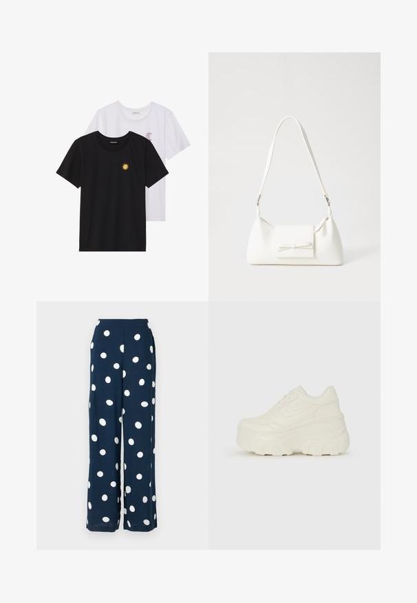 Fekete és fehér T-shirtok, kerek nyakkivágással, rövid ujjakkal. A fekete pólón sárga nap hímzés található; a fehér póló lila félhold díszítéssel rendelkezik.; Tengerészkék, laza szabású nadrág, könnyű anyagból készült, nagy fehér pöttyökkel, sima derékkal.; Fehér platform sportcipők, sima bőrszerű felsőrésszel, kerek formával, párnázott bokával és texturált gumitalppal, jól definiált mintázattal.; Fehér szintetikus kézitáska, háromszög alakú, lapos előlap, masni részlettel, állítható pánttal, sima textúrával és minimalista dizájnnal.