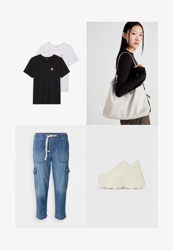 T-shirts preto e branco, de decote redondo e mangas curtas. A camisa preta apresenta um bordado de sol amarelo; a branca tem um detalhe de lua crescente roxa.; Calças de ganga cargo azul com cintura ajustável por cordão, bolsos laterais e punhos enroláveis, apresentando um acabamento suave e texturizado.; Tênis brancos de plataforma com um cabedal suave semelhante a couro, formato arredondado, colarinho acolchoado e sola de borracha texturizada com ranhuras bem definidas.; Uma bolsa bege feita de material macio, com um design descontraído, detalhes de costura e duas alças para o ombro. Adequada para uso diário.