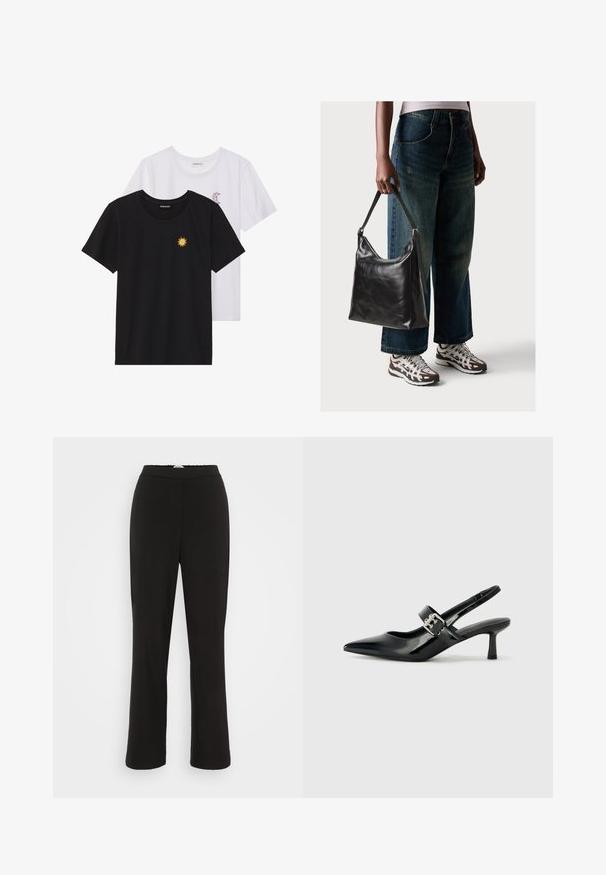 Črne in bele majice, okrogli vrat, kratki rokavi. Črna majica ima richelieu vezenje sonca v rumeni barvi; bela ima vijolični naglavni mesec.; Črne, gladke tkaninske hlače s ravnim krojem in elastičnim pasom. Imajo diskretno šivanko po sprednji strani vsake nogavice.; Črne patent usnjene slingback pete s koničastim nosom in majhnim blok peto, ki vključujejo srebrno zaponko na traku.; Črna usnjena torba za ramo z gladko teksturo in nastavljivim trakom, v kombinaciji z zbledelimi širokimi hlačami in športnimi supergami.