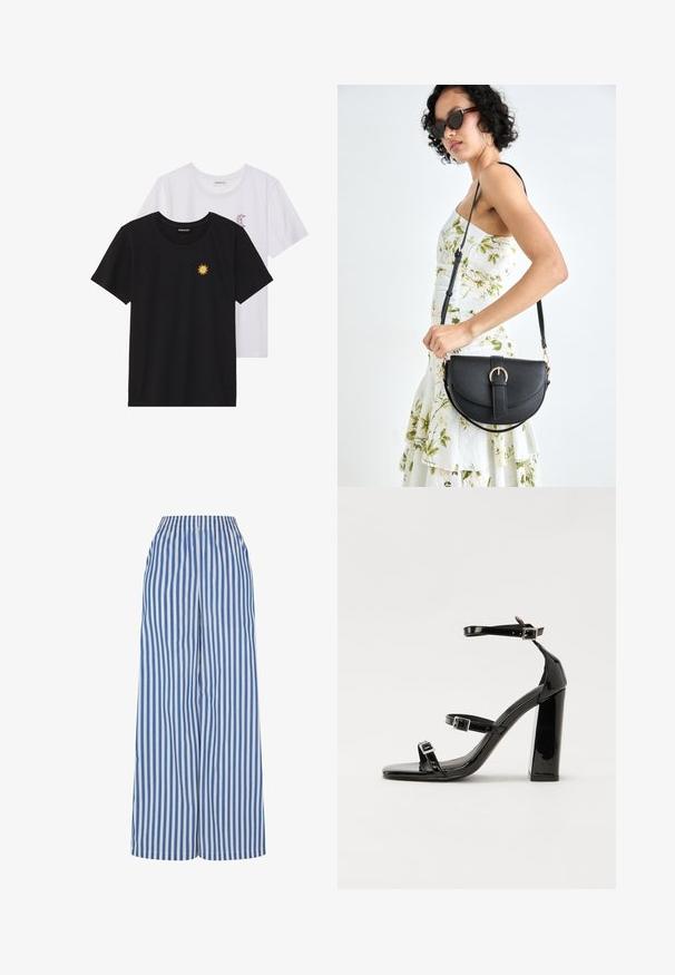 Crne i bijele majice, okrugli izrez, kratki rukavi. Crna majica ima žuti vez suncem; bijela majica ima ljubičasti naglasak u obliku polumjeseca.; Hlače širokih nogavica u plavo-bijelim vertikalnim prugama, s elastičnom waistbandom i laganom tkaninom za udobnost i prozračnost.; Crne lakirane sandale na visoku petu s dva remena s kopčama, kvadratnim vrhom i masivnom blok petom, s glatkom, sjajnom teksturom.; Crna kožna torba s lukovitim oblikom, odvojivim remenom i zlatnim detaljima. Torba ima preklop s kopčom.