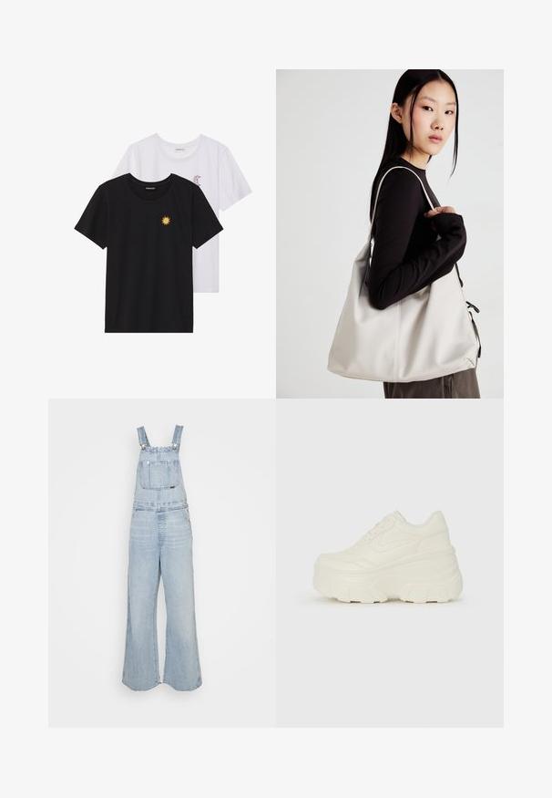 T-shirts preto e branco, de decote redondo e mangas curtas. A camisa preta apresenta um bordado de sol amarelo; a branca tem um detalhe de lua crescente roxa.; Salopete de denim azul claro com pernas largas, alças ajustáveis, bolso frontal e bolsos laterais. Textura desgastada em todo o tecido.; Tênis brancos de plataforma com um cabedal suave semelhante a couro, formato arredondado, colarinho acolchoado e sola de borracha texturizada com ranhuras bem definidas.; Uma bolsa bege feita de material macio, com um design descontraído, detalhes de costura e duas alças para o ombro. Adequada para uso diário.