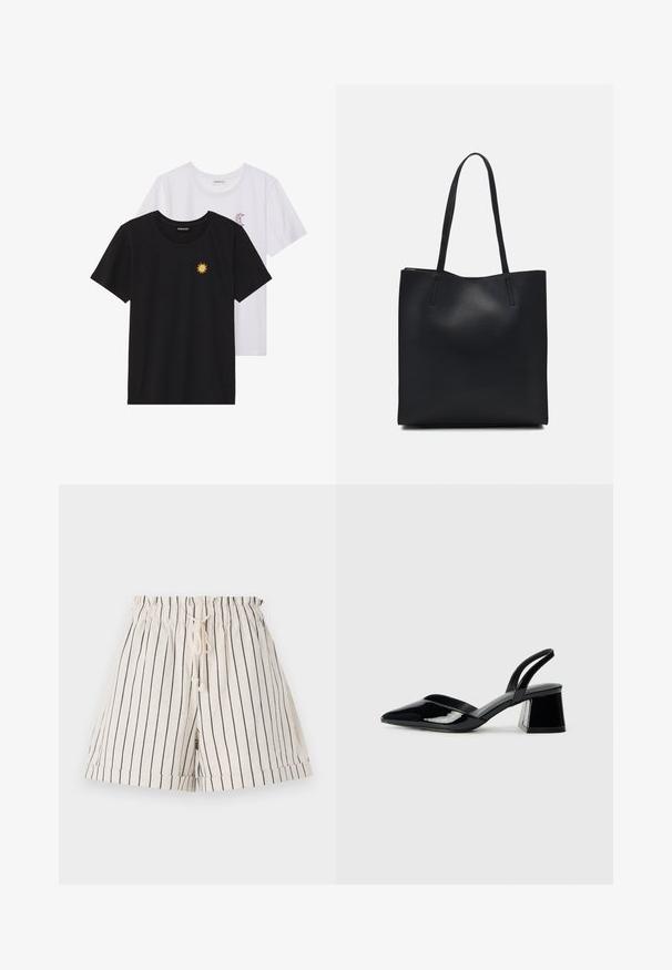 Černé a bílé trička, kulatý výstřih, krátké rukávy. Černé tričko má žlutou výšivku slunce; bílé má fialový akcent měsíce v podobě půlměsíce.; Světlé béžové šortky s námořnickými vertikálními pruhy, se širokým elastickým pasem a šňůrkou, vyrobené z měkké texturované tkaniny.; Černé lakované kožené lodičky na pásku s špičatou špičkou a geometrickým blokovým podpatkem. Vyznačují se elegantním, minimalistickým designem a hladkým povrchem.; Černá kožená taška přes rameno s hladkým povrchem, obdélníkovým tvarem a dvěma dlouhými uchy. Žádné viditelné kování ani ozdoby.