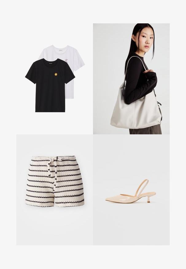 T-shirts noir et blanc, col rond, manches courtes. Le t-shirt noir présente une broderie de soleil jaune ; le t-shirt blanc a un accent de croissant de lune violet.; Shorts en tricot de couleur crème avec des rayures noires. Comprend une taille avec cordon de serrage et un tissu texturé. Longueur courte, design décontracté.; Escarpins slingback en cuir verni beige avec un bout pointu et un talon carré fin. Texture lisse et design minimaliste sans ornement.; Sac à main beige en matériau souple, avec un design décontracté, des détails cousus et deux poignées. Idéal pour un usage quotidien.