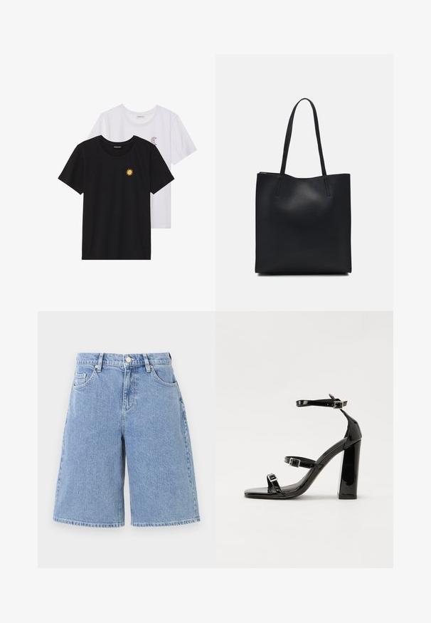 Mustvalged ja valged T-särgid, ümar kaelus, lühikesed varrukad. Must särgile on tikitud kollane päike; valgel särgil on lillakate poolkuu aktsent.; Heled sinised teksashortsid, millel on avar lõige, kõrge talje, esikotid ja topeltõmmeldud serv. Sujuv tekstuur klassikalise disainiga.; Mustad läikiva lakknahaga kõrge kontsaga sandaalid kahe pandlaga, kandilised varbad ja jäme plokk-kontsaosa, millel on sile ja läikiv tekstuur.; Mustast nahast kott sujuva tekstuuriga, ristkülikukujuline ja kahe pika sangaga. Pole nähtavat riistvara ega kaunistusi.