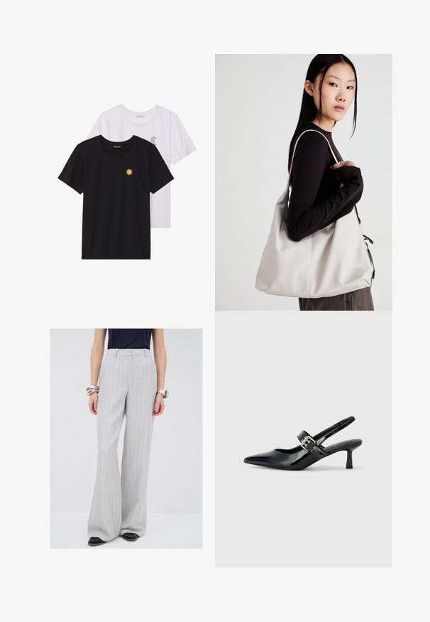 Zwart-witte T-shirts, ronde hals, korte mouwen. Het zwarte shirt heeft gele zon-geborduurde details; het witte shirt heeft een purperen halve maan accent.; Lichtgrijze, wijde broek met een verticale streep. Gemaakt van een soepele stof met een getailleerde pasvorm en voorplooien.; Zwarte gepatineerde leren slingback hakken met een puntige neus en een kleine blokhak, met een zilveren gespaccent op de band.; Beige handtas gemaakt van zacht materiaal, met een slonzig ontwerp, gestikte details en twee schouderbanden. Geschikt voor dagelijks gebruik.