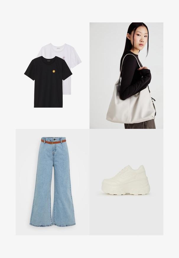 Juodi ir balti marškinėliai, apvaliu kaklu, trumpomis rankovėmis. Juodi marškiniai su geltonu saulės siuvinėjimu; baltieji turi purpurinę pusmėnulio akcentą.; Šviesiai mėlynos plačios kojos džinsai su aukštu liemeniu, elastinga juosta ir kontrastinga ruda diržu. Yra matoma siuvimo linija ir suplyšę kraštai.; Baltos platformos sportbačiai su lygiu odos primenančiu paviršiumi, apvalia forma, paminkštintu apykakle ir tekstūruotu guminiu padu su ryškiais protektoriais.; Bežinė rankinė, pagaminta iš minkštos medžiagos, turinti laisvą dizainą, siuvinėtas detalės ir dvi petnešos. Tinkama kasdieniam naudojimui.