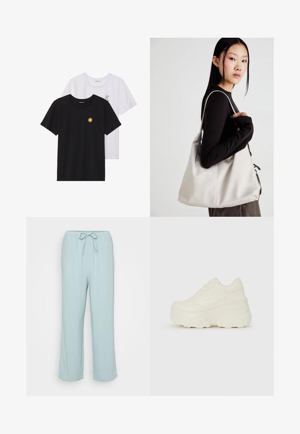 Melnbaltie t-krekli, ar apaļu kaklu, īsām piedurknēm. Melnais krekls ar dzeltenu saules izšuvumu; baltais ar purpursarkanu mēness akcentu.; Gaiši zilas, platās bikses ar izstiepjamu jostu. Izgatavotas no mīksta, elpojoša auduma ar gludu tekstūru.; Baltie platformas sporta apavi, kas izgatavoti no gludas mākslīgās ādas, ar noapaļotu formu, mīkstu apkakli un teksturētu gumijas zoli ar izteiktiem rakstiem.; Bežs rokassoma, izgatavota no mīksta materiāla, ar brīvu dizainu, izšūtu apdari un divām plecu siksnām. Piemērota ikdienas lietošanai.