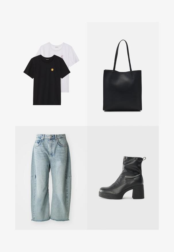 Czarne i białe t-shirty, okrągłe dekolty, krótkie rękawy. Czarna koszulka ma żółte haftowane słońce, a biała posiada fioletowy akcent w kształcie półksiężyca.; Jasnoniebieskie dżinsy mają szerokie nogawki, postrzępione końce i akcenty z naszywkami. Wykonane z miękkiego, teksturowanego materiału bawełnianego.; Czarne botki za kostkę wykonane z gładkiej skóry, wyposażone w boczny zamek błyskawiczny, masywny teksturowany obcas oraz zaokrąglony czubek.; Czarna skórzana torba tote o gładkiej fakturze, prostokątnym kształcie i dwóch długich uchwytach. Brak widocznych elementów metalowych i ozdób.
