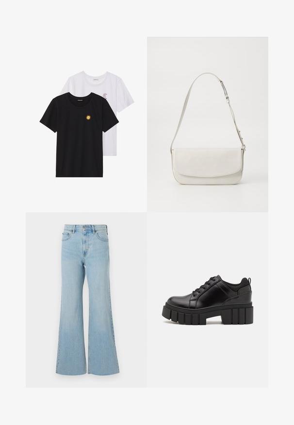 Fekete és fehér T-shirtok, kerek nyakkivágással, rövid ujjakkal. A fekete pólón sárga nap hímzés található; a fehér póló lila félhold díszítéssel rendelkezik.; Világoskék, bővülő szárú farmernadrág magas derékkal, klasszikus gombos és cipzáras záródással, valamint enyhe kopással az anyagban.; Fekete bőr platform cipők vaskos blokk sarkakkal, kerek orral és hagyományos fűzős kialakítással. Simára csiszolt felület és minimális részletezés jellemzi.; Fehér bőr válltáska sima felülettel, téglalap alakú, fedeles záródással és állítható pánttal. Egyszerű varrási részletek.