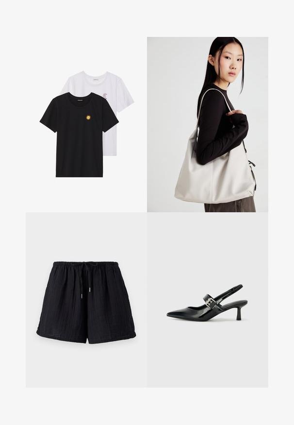 T-shirt in bianco e nero, girocollo, maniche corte. La maglietta nera presenta un ricamo di sole giallo; quella bianca ha un accento di luna crescente viola.; Shorts neri in cotone con una finitura testurizzata e stropicciata. Presentano una vita elastica e un cordoncino regolabile per comfort e vestibilità.; Décolleté neri in vernice con punta affilata e tacco a blocco piccolo, dotati di un accentuato con fibbia argentata sulla cinturino.; Borsa a mano beige realizzata in materiale morbido, caratterizzata da un design morbido, dettagli cuciti e due manici. Adatta per l'uso quotidiano.