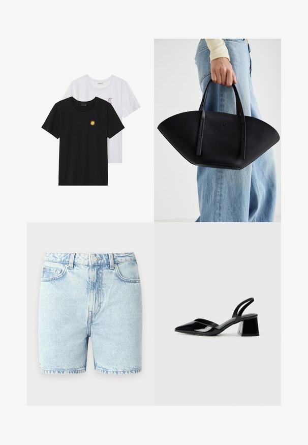 Fekete és fehér T-shirtok, kerek nyakkivágással, rövid ujjakkal. A fekete pólón sárga nap hímzés található; a fehér póló lila félhold díszítéssel rendelkezik.; Világoskék farmer rövidnadrág klasszikus szabással, öt zsebes kialakítással, varrott varratokkal és gombos záródással.; Fekete lakk bőr szandálkés magas sarkú cipő, hegyes orral és geometrikus tömbsarkakkal. Karcsú, minimalista dizájn és sima textúra jellemzi.; Fekete bőr kézitáska egyedi legyezőformával, lapos füllel. A felülete kőriszerű textúrájú és minimalista dizájnnal rendelkezik.