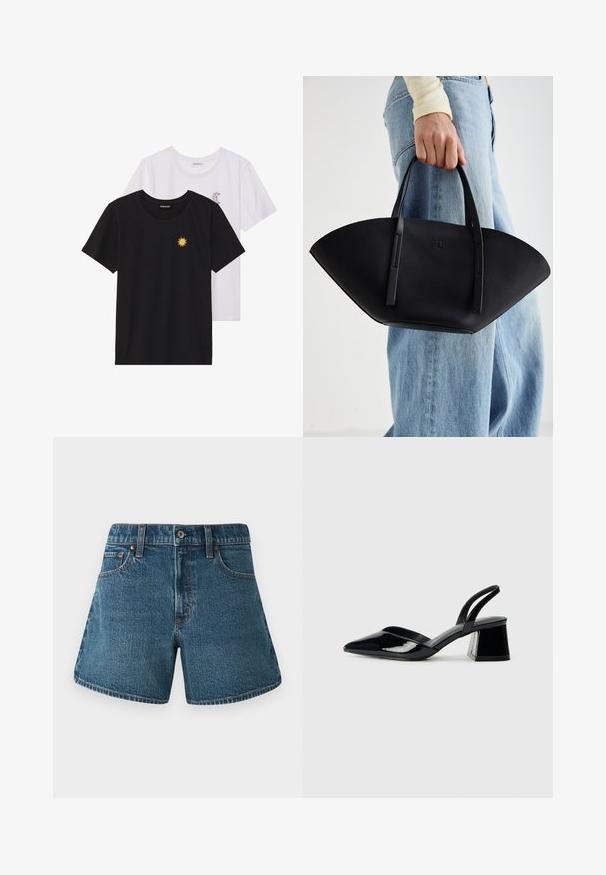 Fekete és fehér T-shirtok, kerek nyakkivágással, rövid ujjakkal. A fekete pólón sárga nap hímzés található; a fehér póló lila félhold díszítéssel rendelkezik.; Középkék farmer rövidnadrág egyenes szabással, hagyományos öt zsebes kialakítással és kontrasztos varrással az éleken.; Fekete lakk bőr szandálkés magas sarkú cipő, hegyes orral és geometrikus tömbsarkakkal. Karcsú, minimalista dizájn és sima textúra jellemzi.; Fekete bőr kézitáska egyedi legyezőformával, lapos füllel. A felülete kőriszerű textúrájú és minimalista dizájnnal rendelkezik.