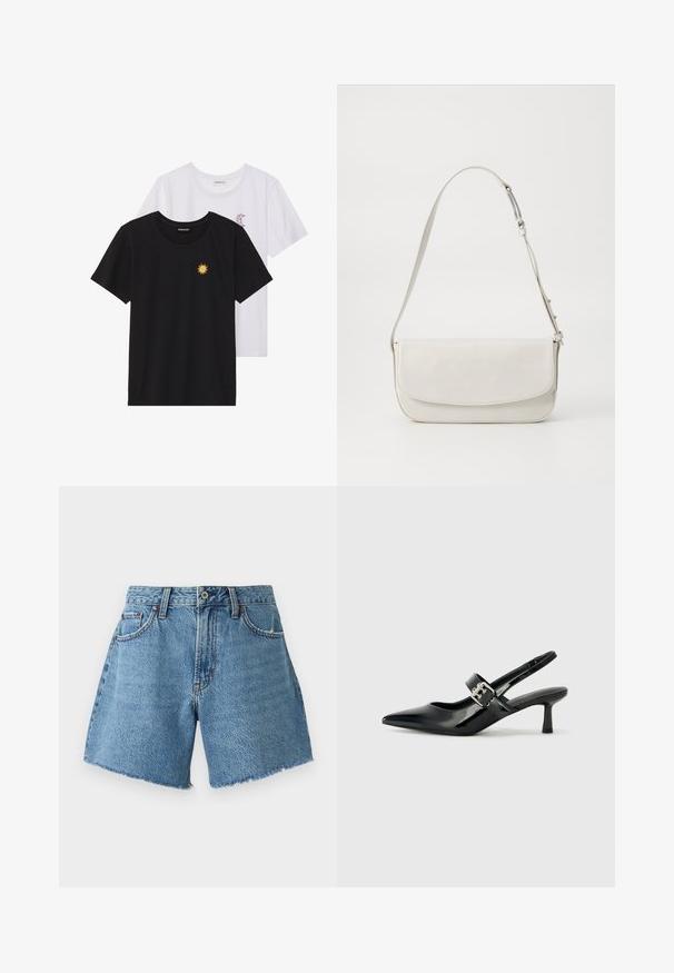 Czarne i białe t-shirty, okrągłe dekolty, krótkie rękawy. Czarna koszulka ma żółte haftowane słońce, a biała posiada fioletowy akcent w kształcie półksiężyca.; Abercrombie & Fitch - Szorty jeansowe; Czarne lakierowane szpilki slingback z wąskim noskiem i małym słupkiem, z ozdobnym srebrnym klamrą na pasku.; Biała skórzana torba na ramię o gładkiej powierzchni, prostokątnym kształcie, z klapką i regulowanym paskiem. Prosta ozdoba w postaci szwów.