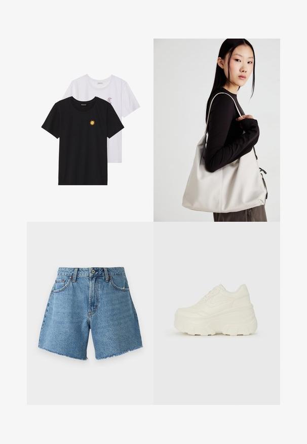 Mustvalged ja valged T-särgid, ümar kaelus, lühikesed varrukad. Must särgile on tikitud kollane päike; valgel särgil on lillakate poolkuu aktsent.; Abercrombie & Fitch CURVE LOVE SHORT - Lühikesed teksad - light blue denim; Valged platvormi tõusukingad, millel on siledast nahast meenutav pealis, ümar kuju, pehmendatud kaelus ja tekstureeritud kummitald koos selgete hüdrofoobsete mustritega.; Bež käekott pehme materjali, millel on lõtv disain, õmblustega detailid ja kaks õlarihma. Sobib igapäevaseks kasutamiseks.