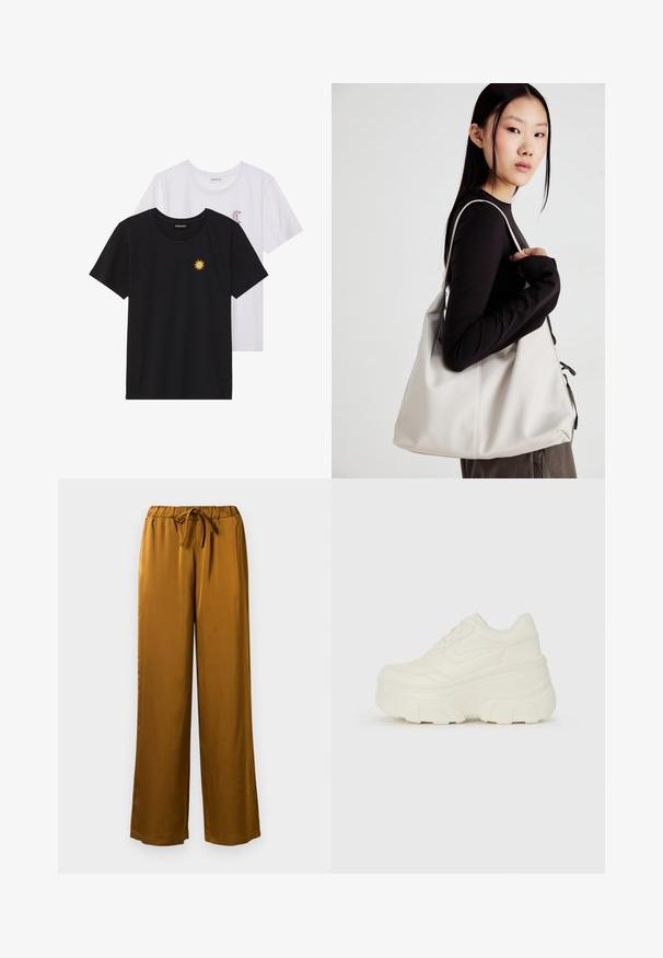 Juodi ir balti marškinėliai, apvaliu kaklu, trumpomis rankovėmis. Juodi marškiniai su geltonu saulės siuvinėjimu; baltieji turi purpurinę pusmėnulio akcentą.; Rudi satino plates su plačiu kojų kirpimu, su elastinga juosta ir pintuku. Glotni tekstūra ir pilno ilgio dizainas su laisvu kirpimu.; Baltos platformos sportbačiai su lygiu odos primenančiu paviršiumi, apvalia forma, paminkštintu apykakle ir tekstūruotu guminiu padu su ryškiais protektoriais.; Bežinė rankinė, pagaminta iš minkštos medžiagos, turinti laisvą dizainą, siuvinėtas detalės ir dvi petnešos. Tinkama kasdieniam naudojimui.